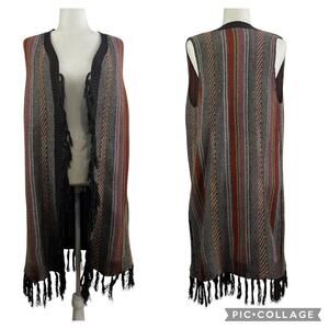 Wrangler New Brown Striped Fringe Sweater Vest Open Front Long Line Cardigan S